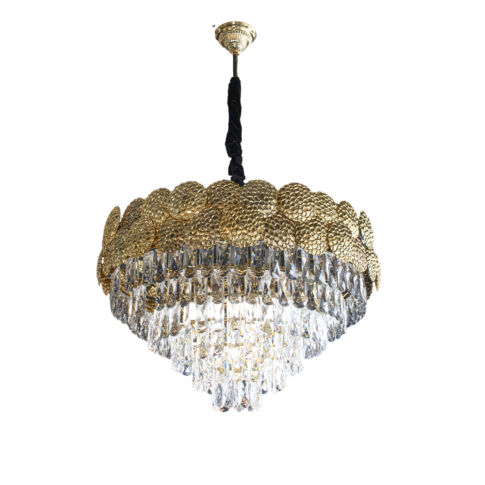 Lustre Cristal Dourado com 14 lâmpadas E14 40W para sala e escritório