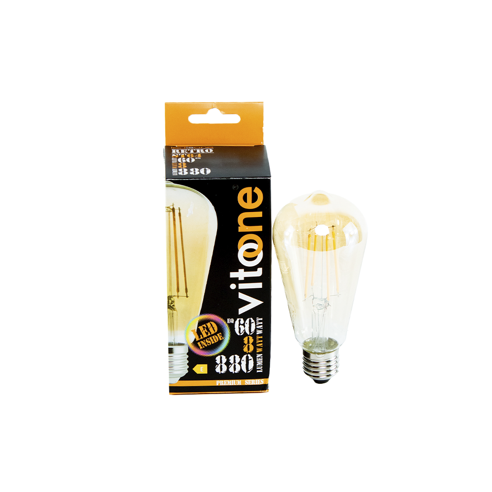 Lâmpada Ledisone Retrô ST64 8W 2500K acesa em pendente decorativo com luz quente