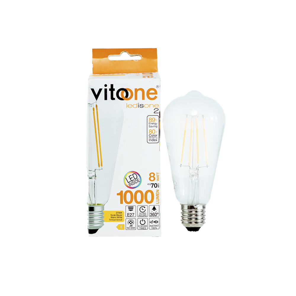 Imagem da Lâmpada LED Filamento A60 8W E27 2700K Ledisone com bulbo vintage e luz quente para ambientes decorativos.