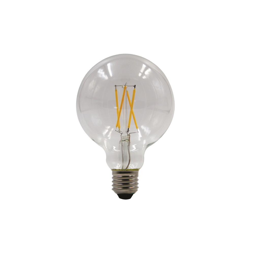 Lâmpada Filamento LED G95 8W 6400K decorativa com luz branca fria.