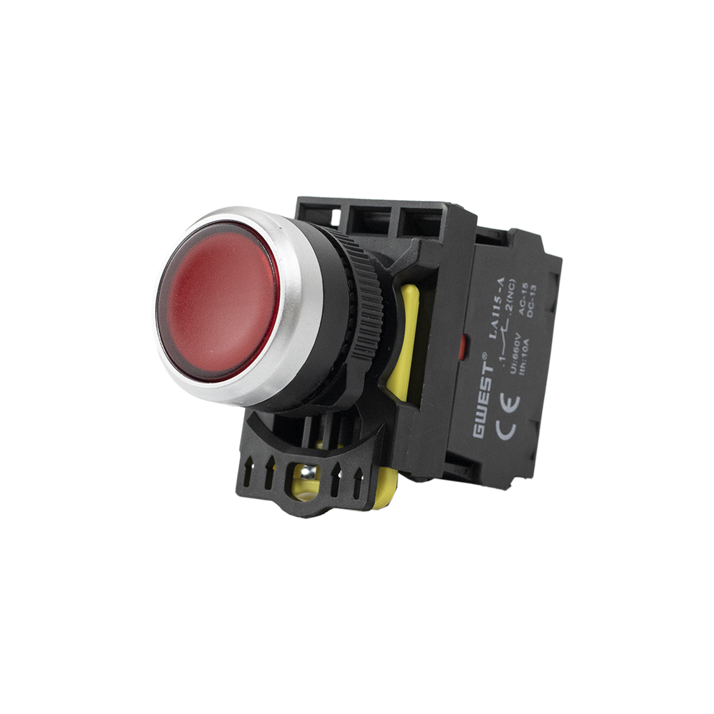 Botão de Pressão Luminoso Vermelho 1NF 24V A5-01D-24 para painéis elétricos e sistemas de comando