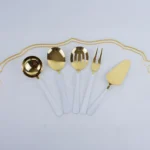 Conjunto de talheres de servir inox branco e dourado com 5 peças elegantes