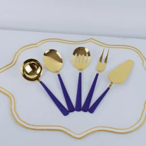Conjunto de talheres de servir inox branco e dourado com 5 peças sofisticadas