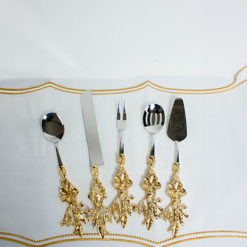 Conjunto de talheres de servir inox dourado 5 peças para mesa sofisticada