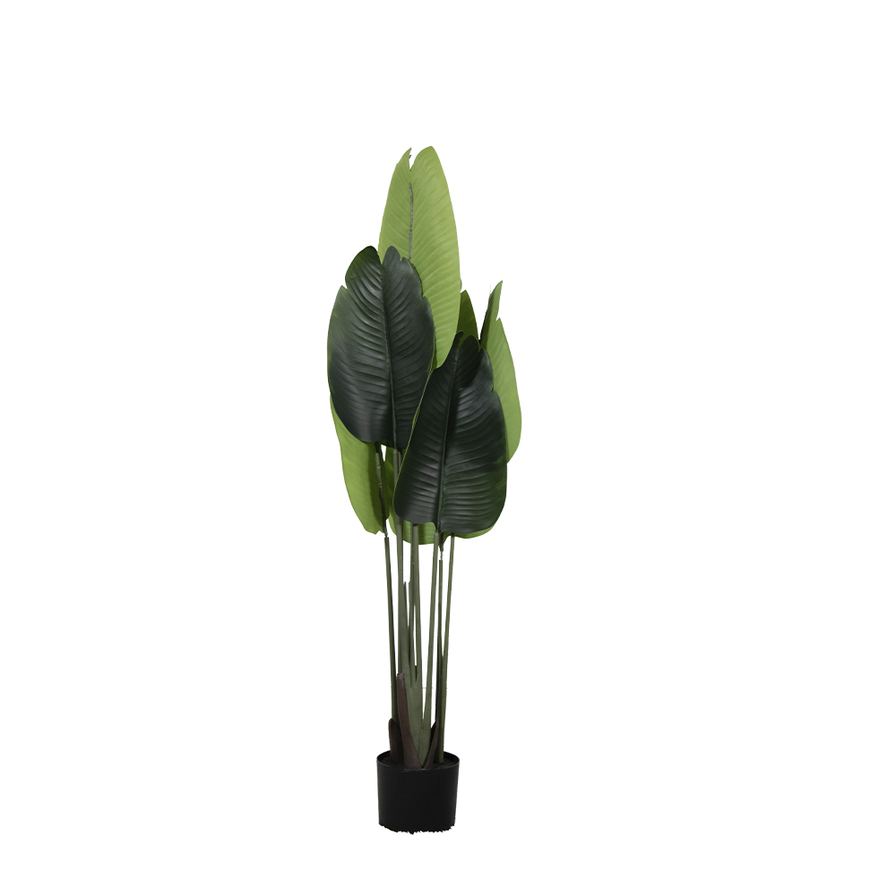 Planta artificial 180cm com folhas de seda, vaso de cimento e estrutura metálica