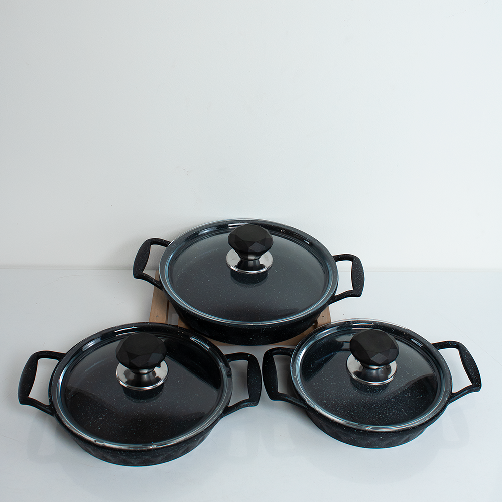 conjunto de panelas de granito antiaderente com tampas de vidro
