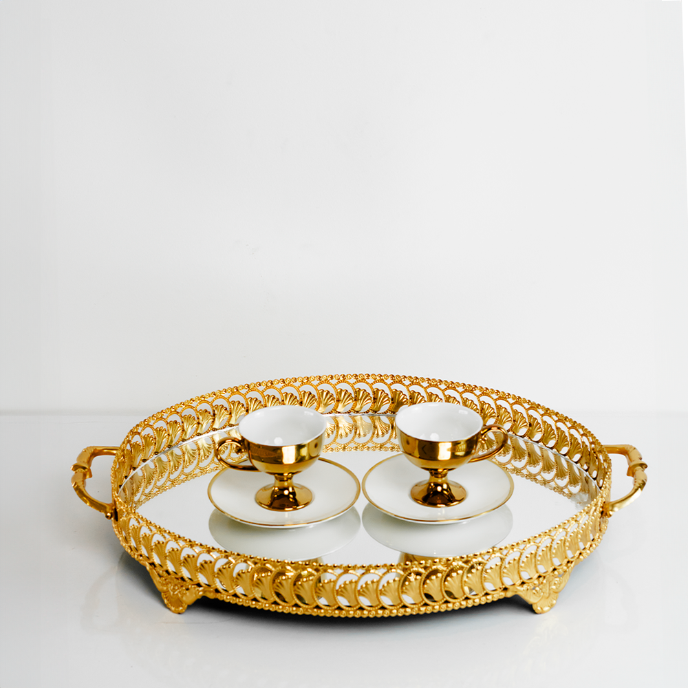 Bandeja de coral elipse dourada decorativa para mesa posta e sala