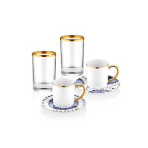 Conjunto de chávenas para café turco dourado e azul em porcelana luxuosa.